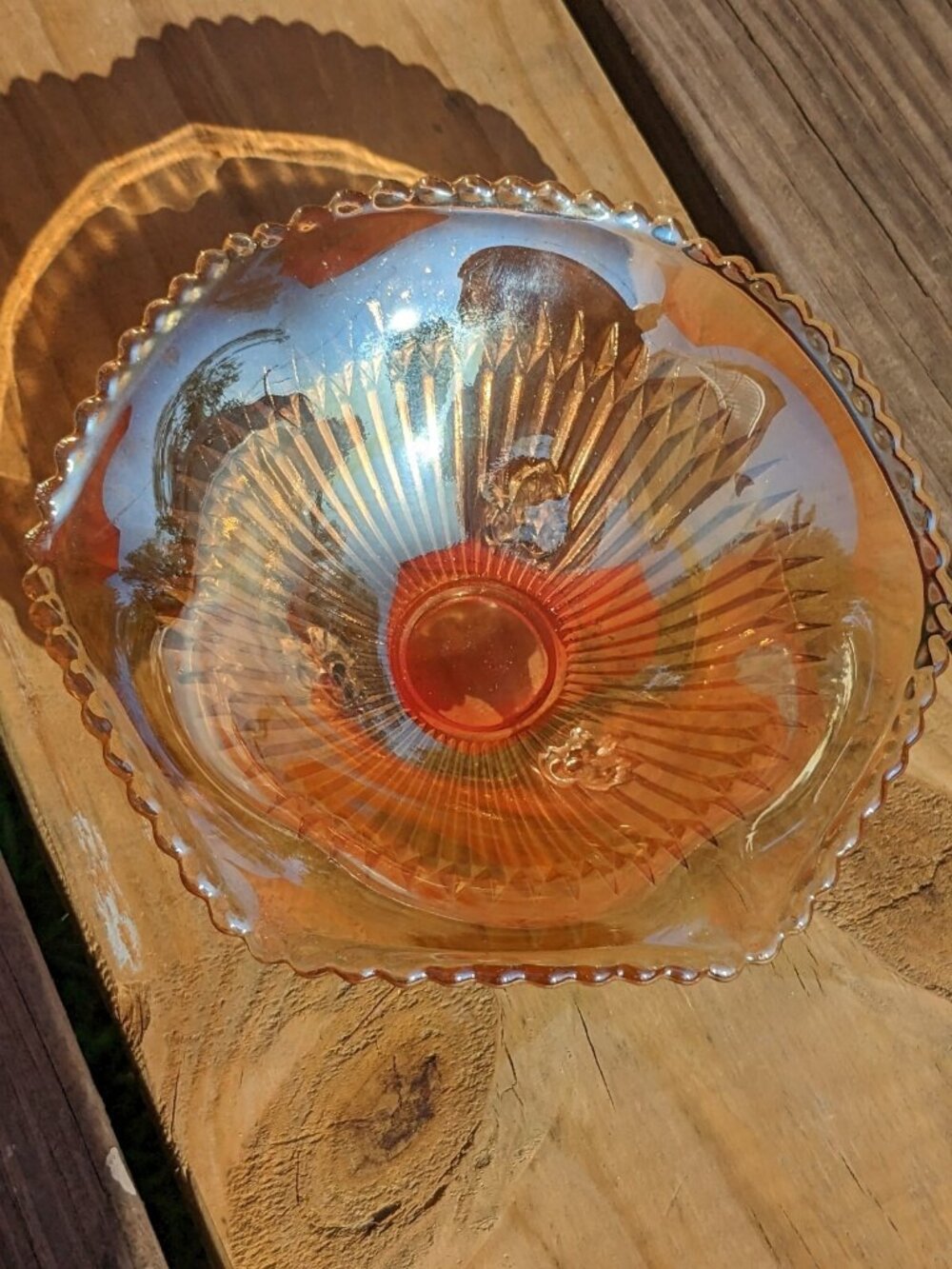 Vtg. 1940's Jeanette Marigold Carnival Glass Anniversary Pattern 3 Toed Bowl